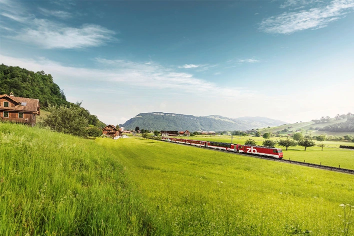 A train on a track in a field in Lucerne, Switzerland