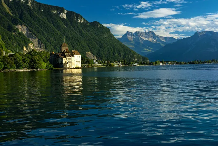 Chillon Castle, a stunning medieval fortress on the shores of Lake Geneva, Switzerland.