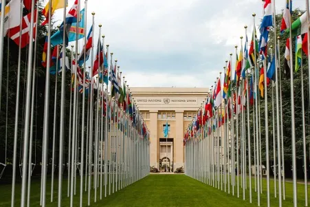 Flags of various United Nations member countries flying in front of the United Nations Office in Geneva, Switzerland.